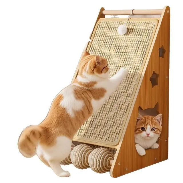 Vertical wall-mounted cat scratch board with sisal surface and hemp rope ball attachment