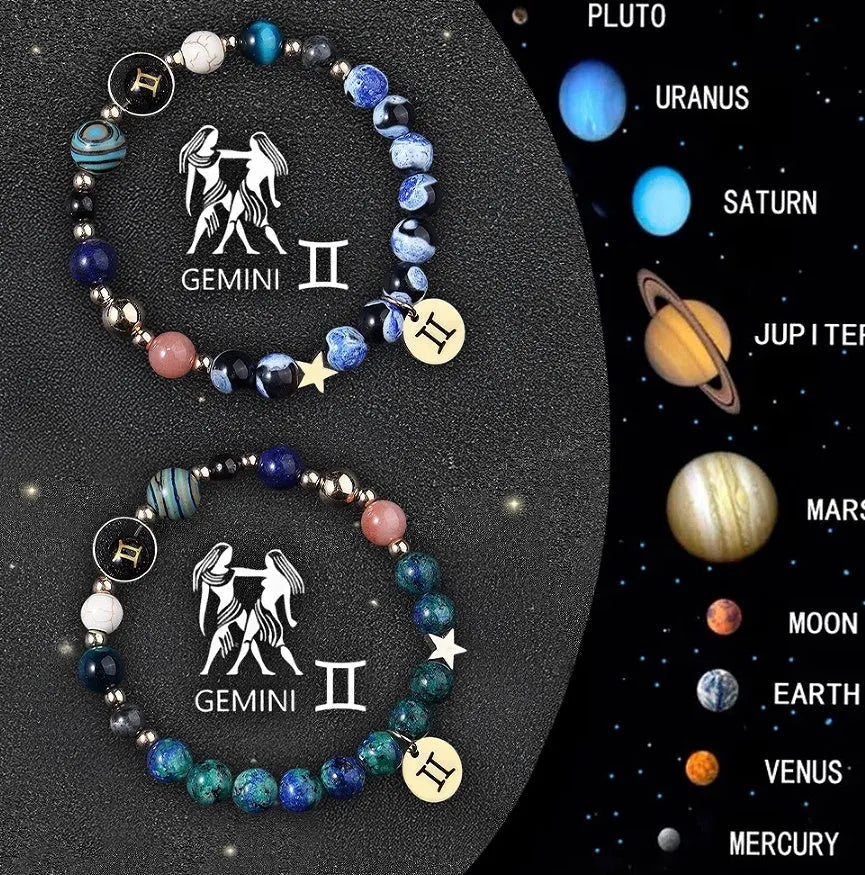 Two natural stone beaded bracelets with zodiac sign charms on a dark background.