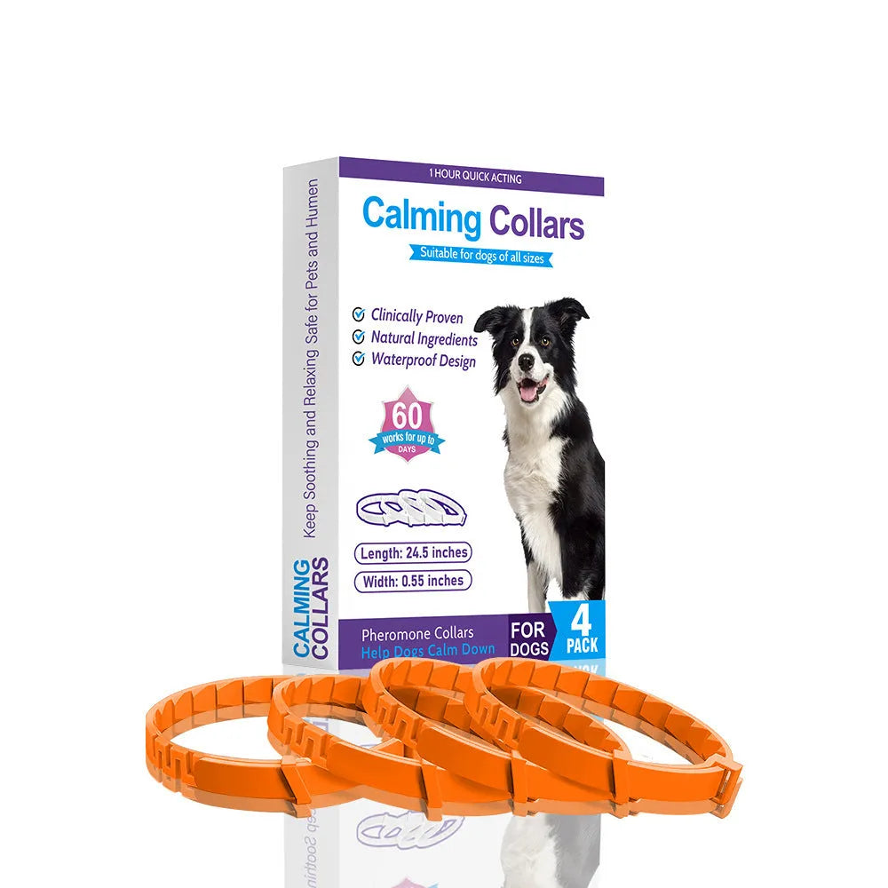 Four dog anxiety relief collars in different colours with Chinese monochrome pattern
