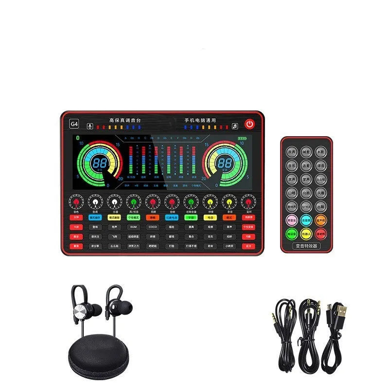 G4 professional sound card mixer with Q8 capacitor microphone, LCD screen, and tuning knobs for live streaming setup