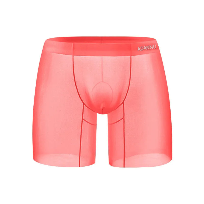 Men's ice silk boxer shorts in orange, pink and red colours with low waist design