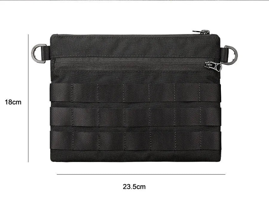 Black Oxford cloth outdoor waist bag showing compact 18 by 3.5 cm size.
