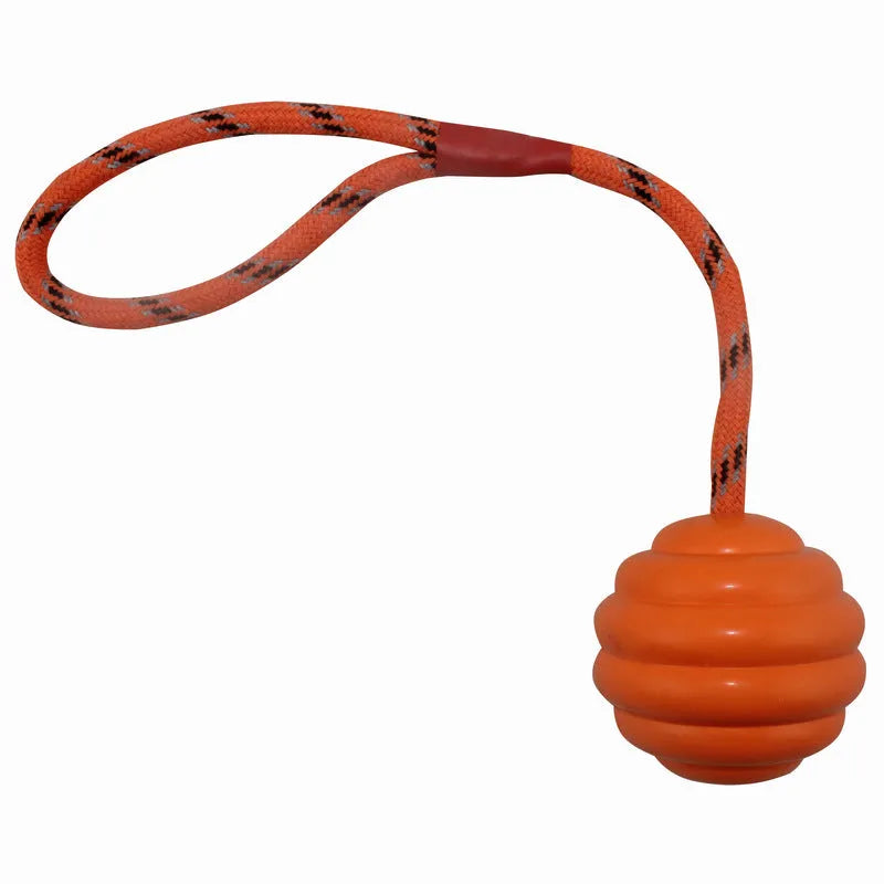 Multi-colour rubber dog training ball with rope knot, measuring 6x30cm