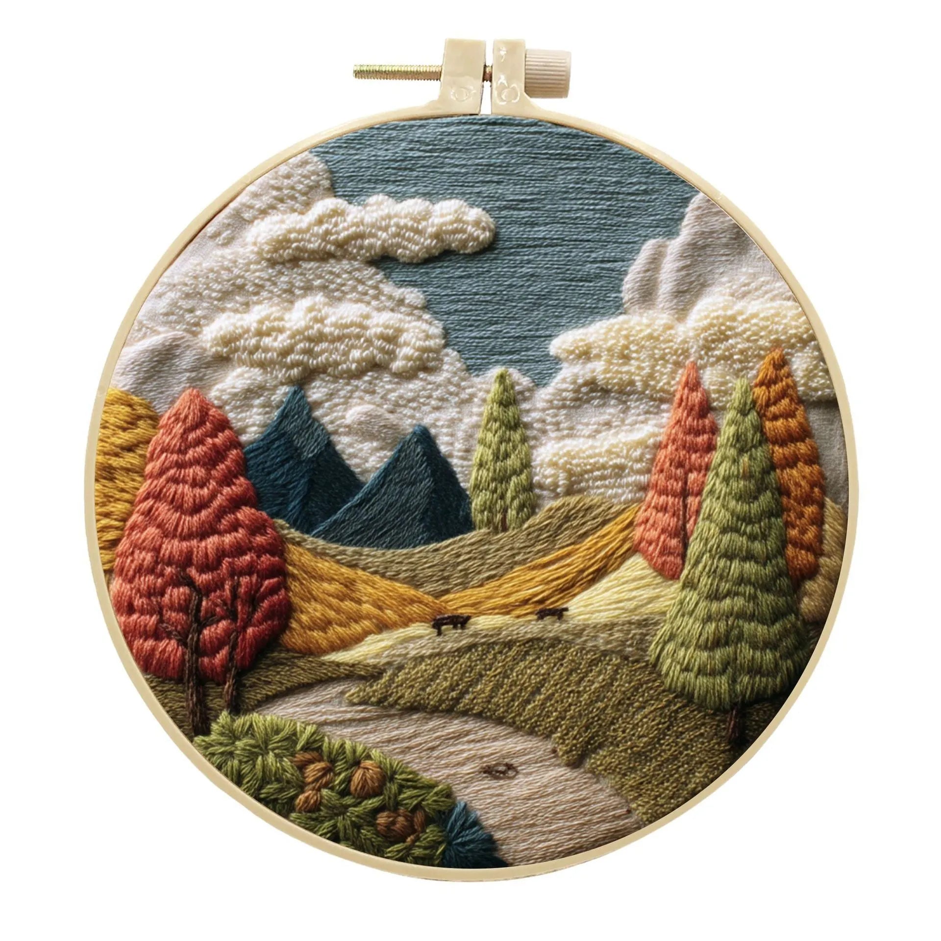Embroidery kit with cotton fabric, bamboo frame, threads, and printed landscape design for DIY textile art