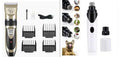 Golden yellow USB rechargeable electric pet clipper set with detachable ceramic blade and limit combs on a white background.