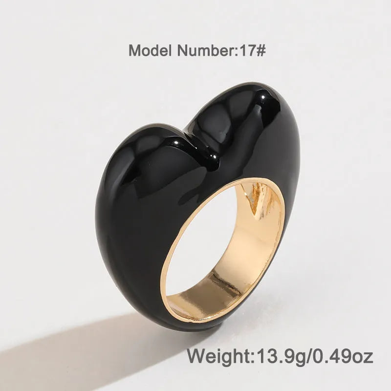 Original design three-dimensional enamel heart ring in zinc alloy showing colour options