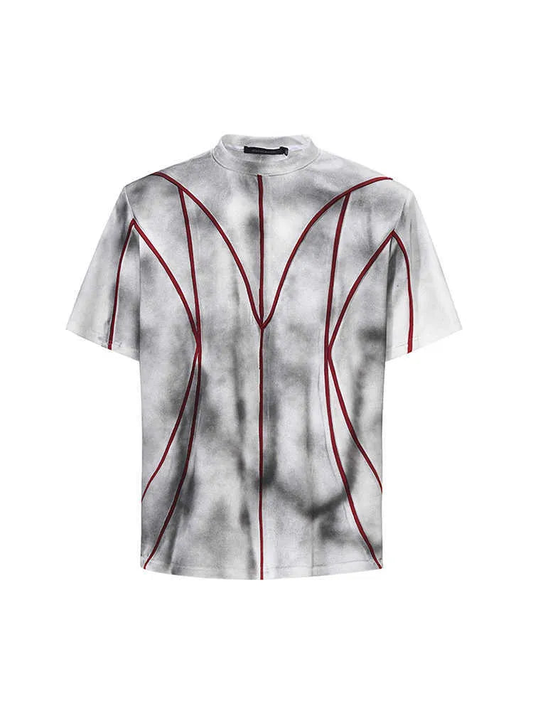 Women's padded shoulder short sleeve T-shirt with patchwork detail and round neck collar