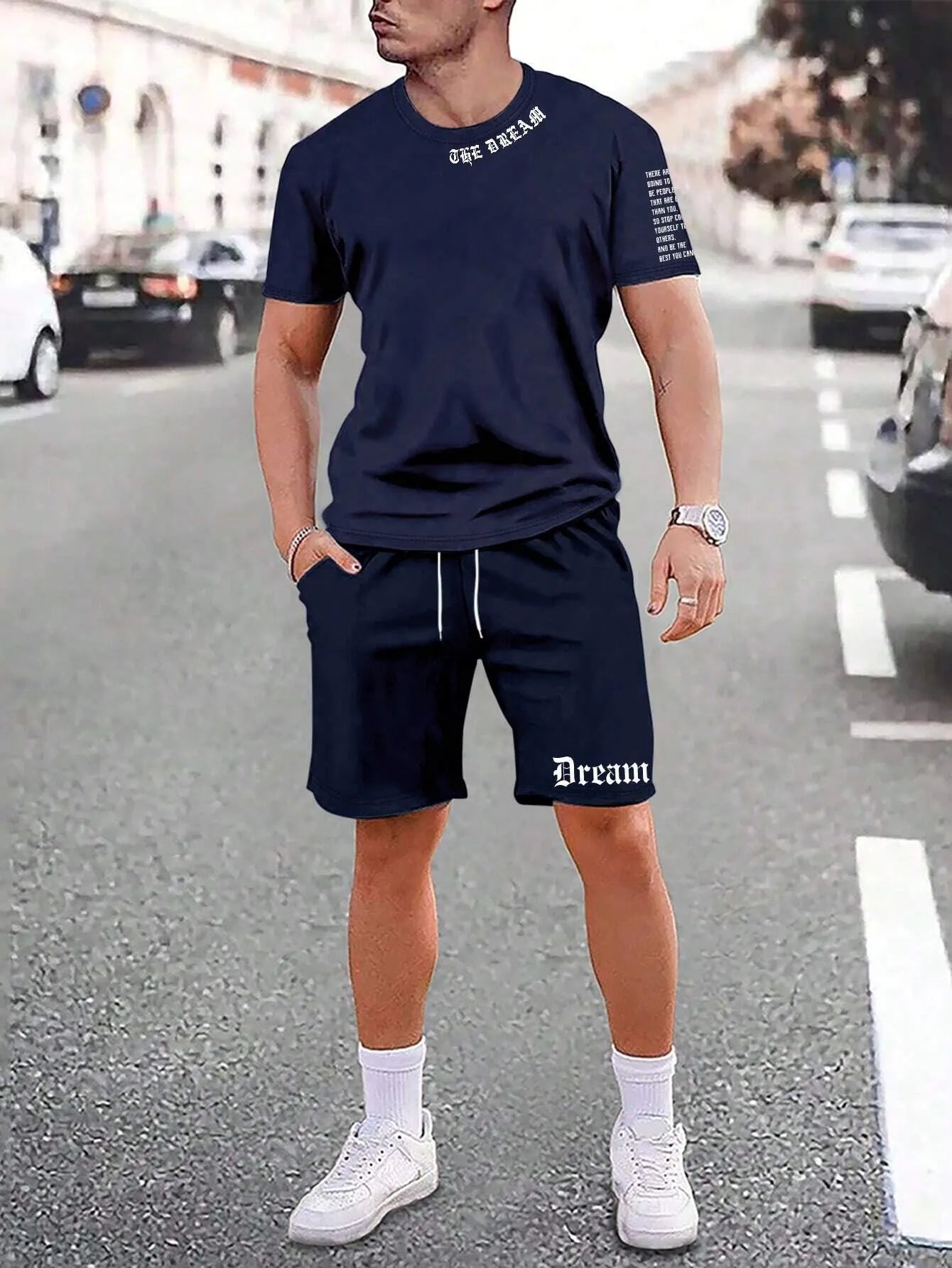 Men's sports shorts and t-shirt set in cotton blend fabric with printed pattern