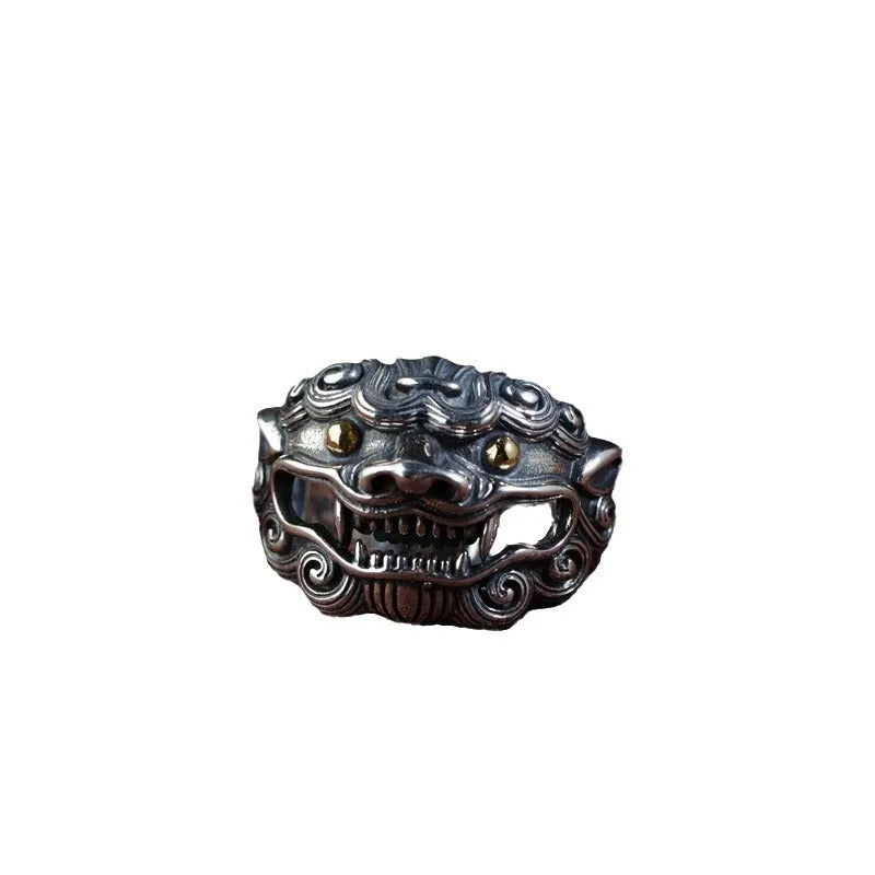 Solid silver open ring with Jibeast pattern animal zodiac design and adjustable band