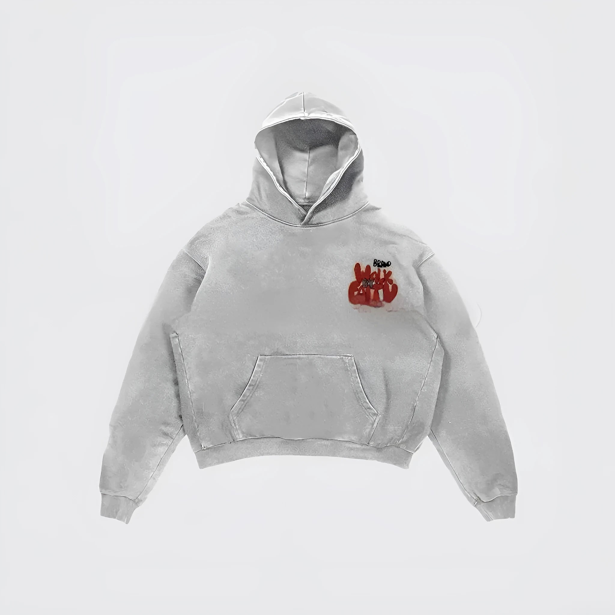 Women's granny grey hoodie with vintage Harajuku character print design and pocket detail