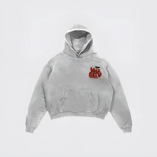 Women's granny grey hoodie with vintage Harajuku character print design and pocket detail