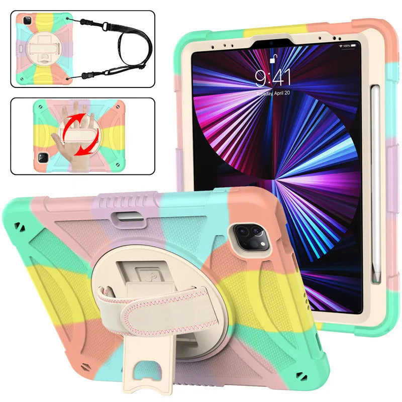 Rotating bracket strap silicone protective case for Apple iPad in multiple colour options.