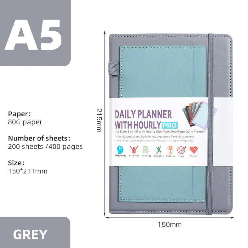Self-filled no-date notebook with thread binding, showing PU cover in purple with planning stickers