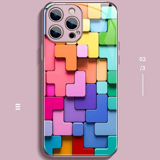 Geometric colour-block cartoon design on a silicone back cover case for an iPhone.