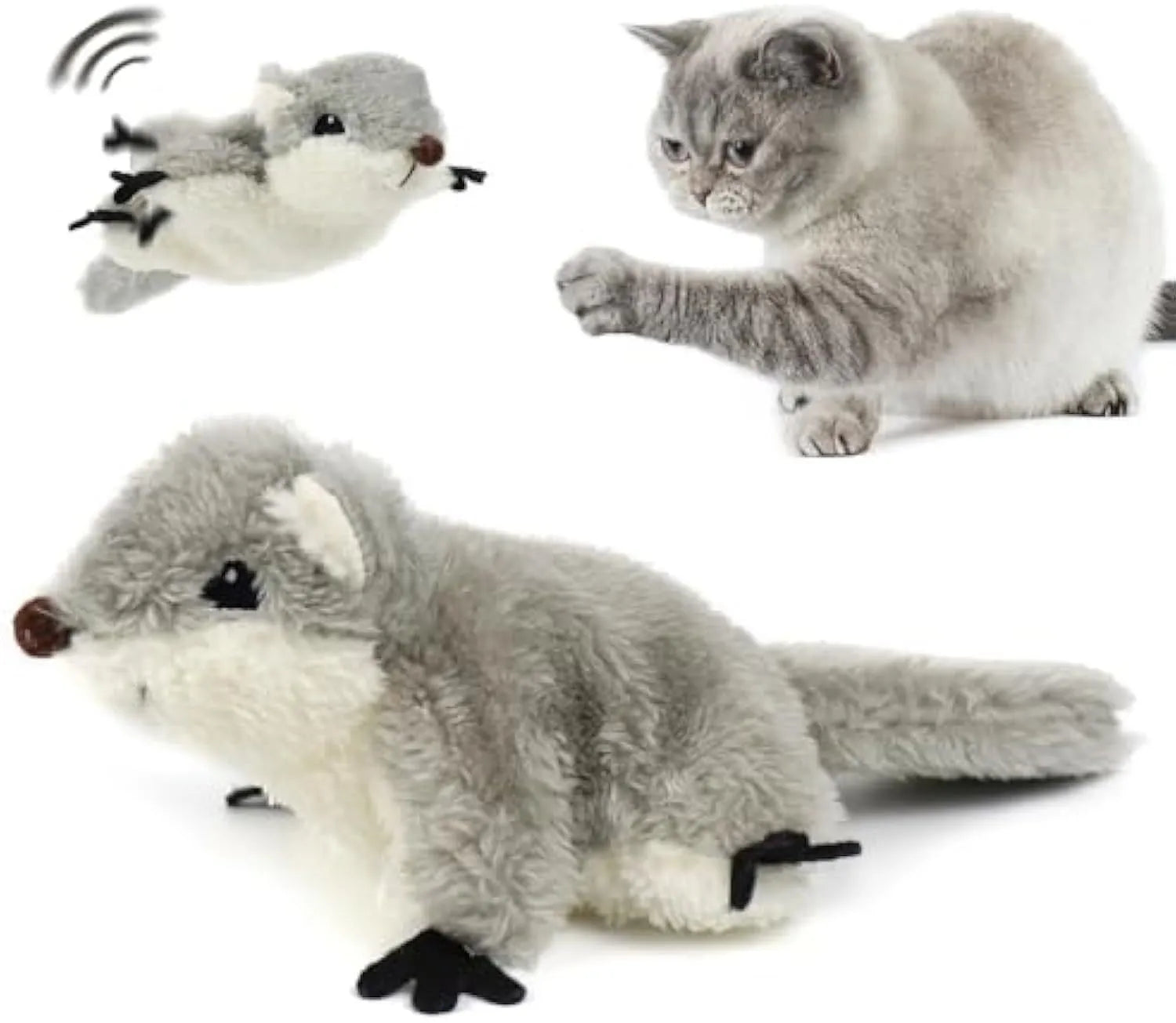 Grey plush squirrel cat toy with flapping wings, shown with a USB charging cable.