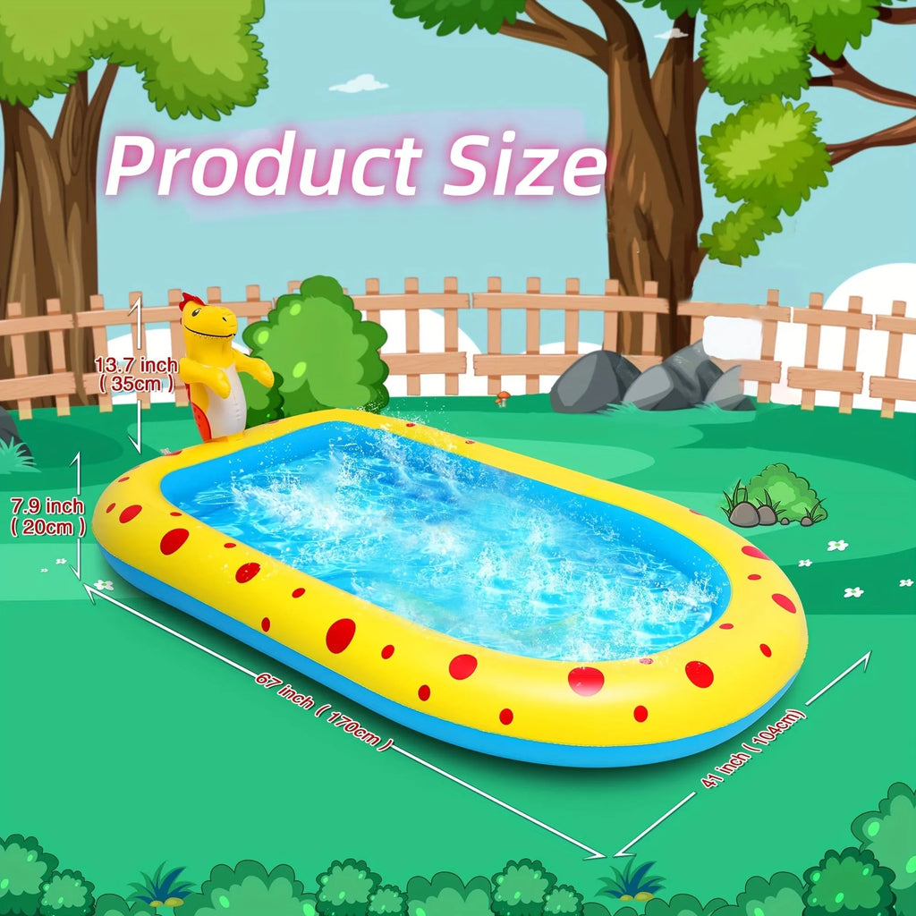 Blue and yellow dinosaur and shark themed large inflatable water spray pool for kids in a garden