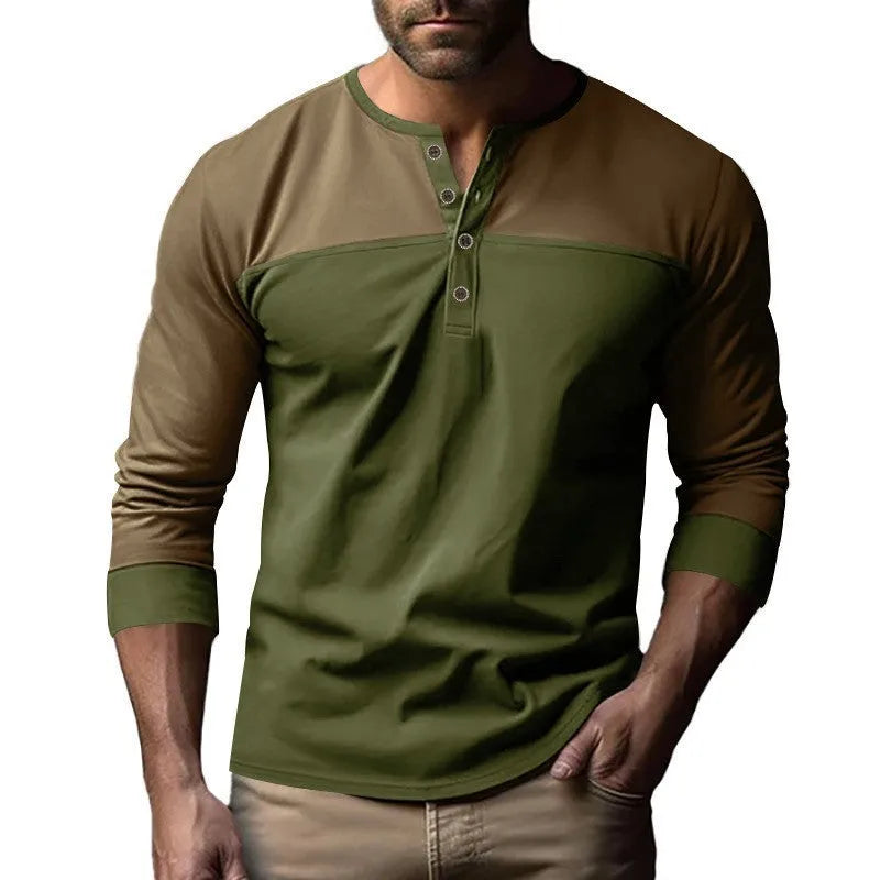 Men's long-sleeve Henley collar casual shirt in beaded twill polyester fabric