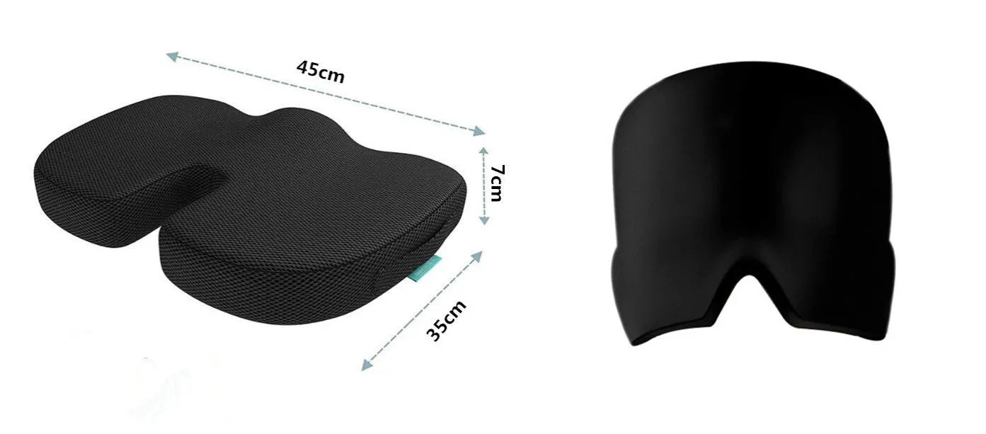 Black adjustable cold compress gel eye mask for headache relief on a plain background.