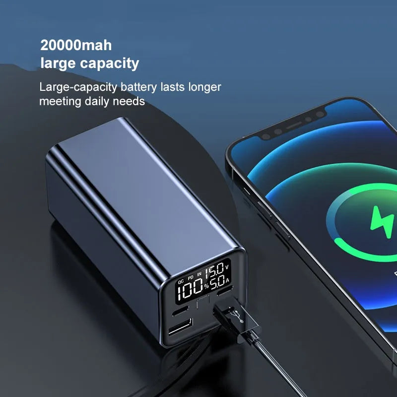 High-power 65W 20000mAh metal laptop charging bank in black, blue, or grey.