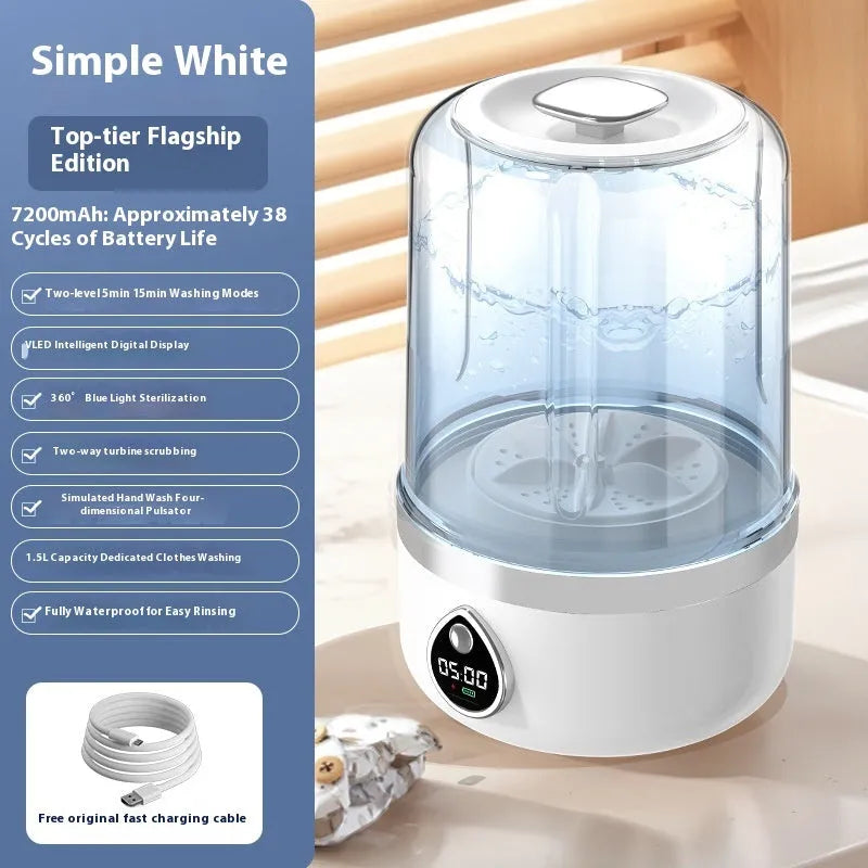 Portable white plastic mini washing machine with USB charging port and compact dimensions
