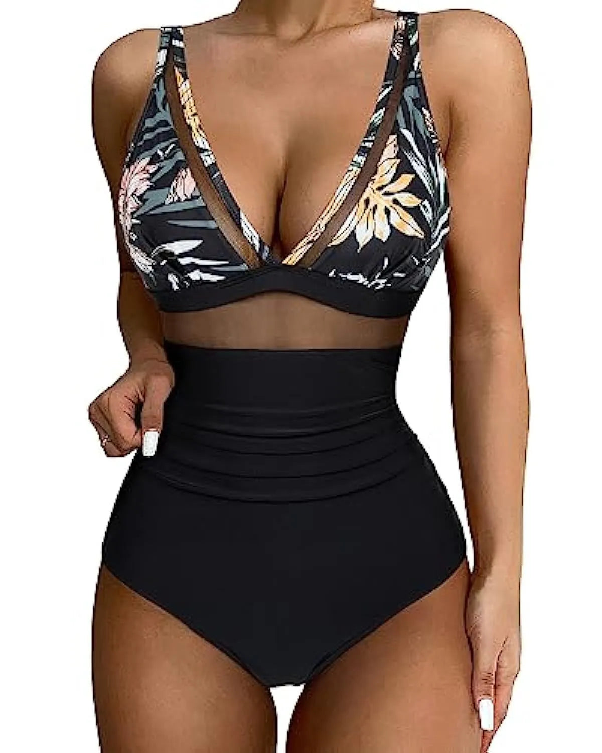 Women's high waist one-piece swimsuit in leopard print and solid colours on a mannequin.