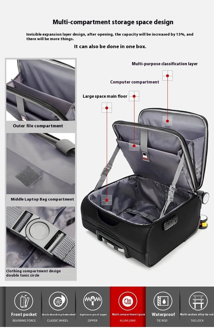 18 inch black Oxford cloth business boarding case with universal wheels and anti-theft features