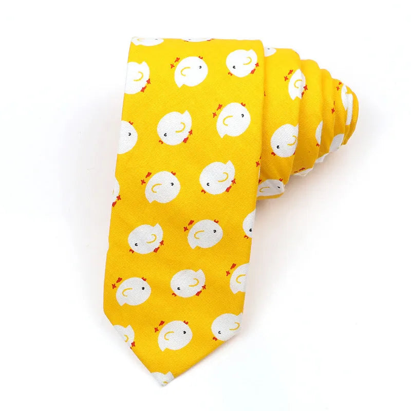 Korean-style narrow men's cotton bow tie with a printed cartoon pattern.