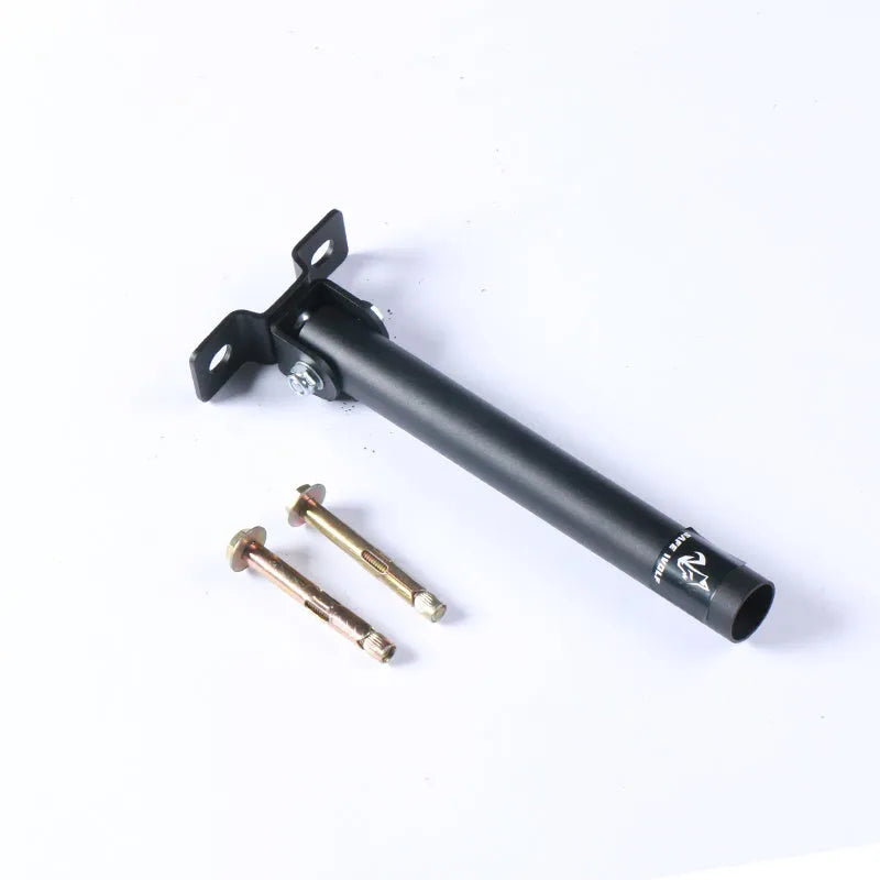 Steel wall-mounted barbell rack with 25 vertical tubes for shotgun barrel storage.