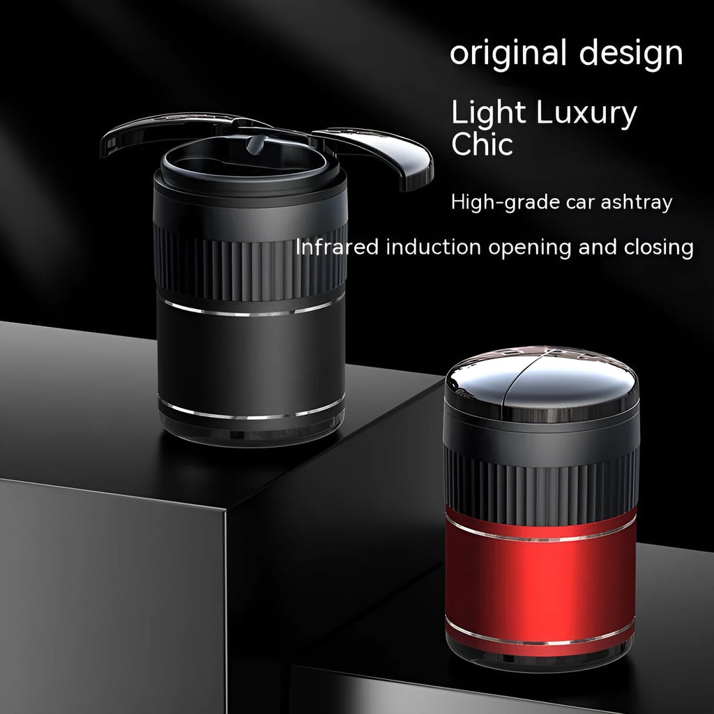 Metal car ashtray with automatic lid measuring 113mm by 72mm in multiple colours