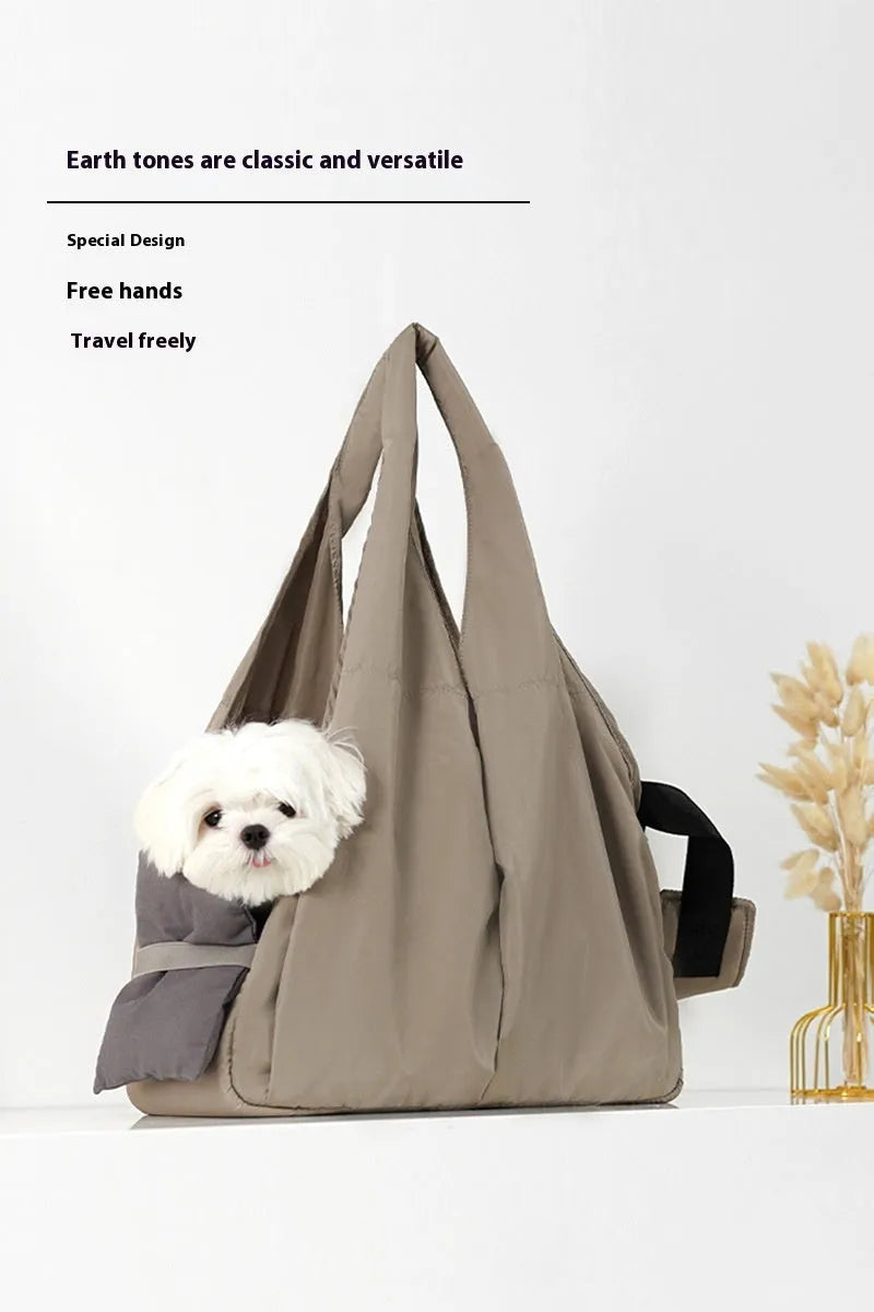 Apricot cloth pet handbag measuring 41x16x28cm with carry handles for outdoor summer use