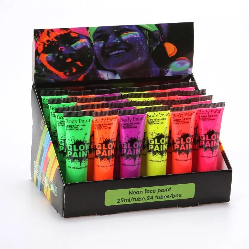 Hose neon gouache face paint tubes in 25ml size showing red, yellow, green, purple, orange, and pink colours