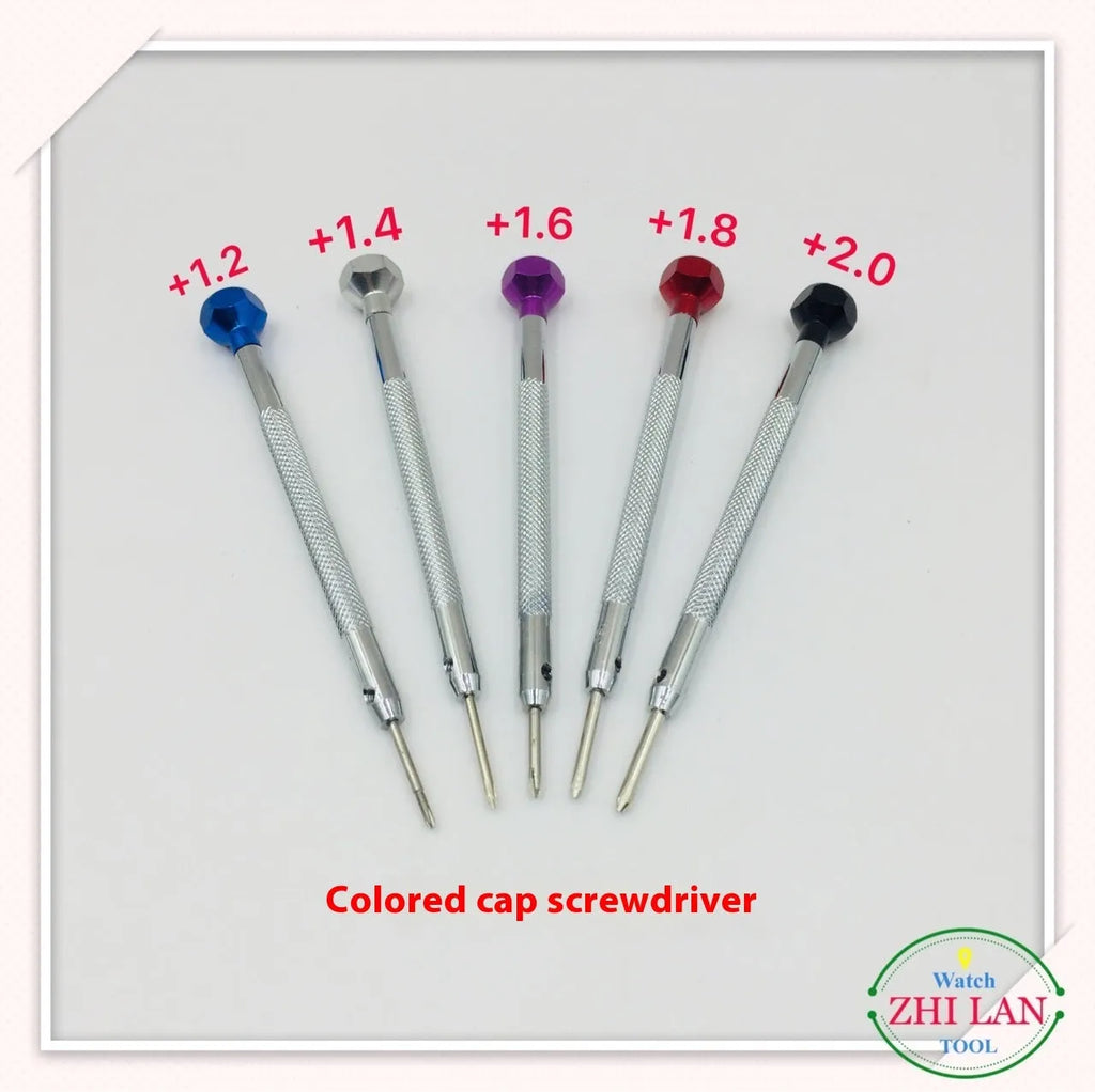 6-piece colour-coded watch repair screwdriver set with aluminium handles for meter and children's watch maintenance.