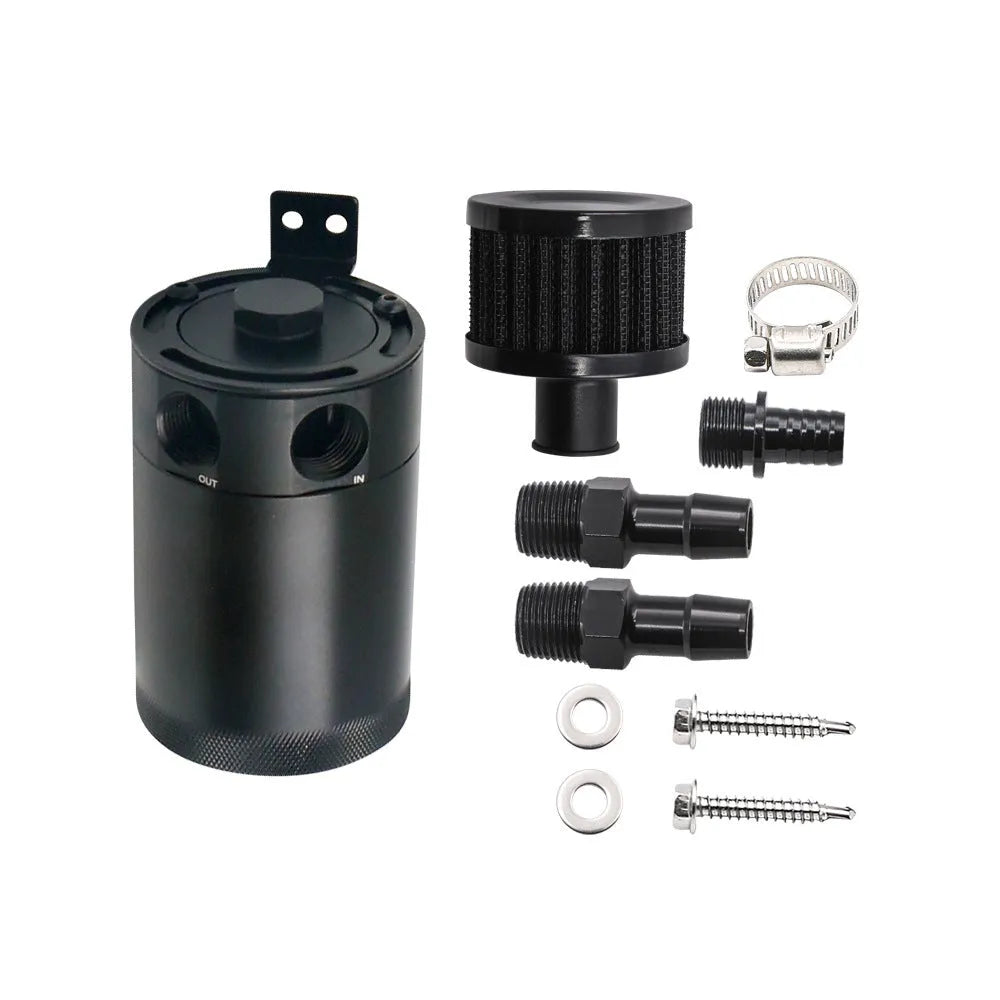 Black aluminium automotive oil pot with two-hole breathable design and connectors