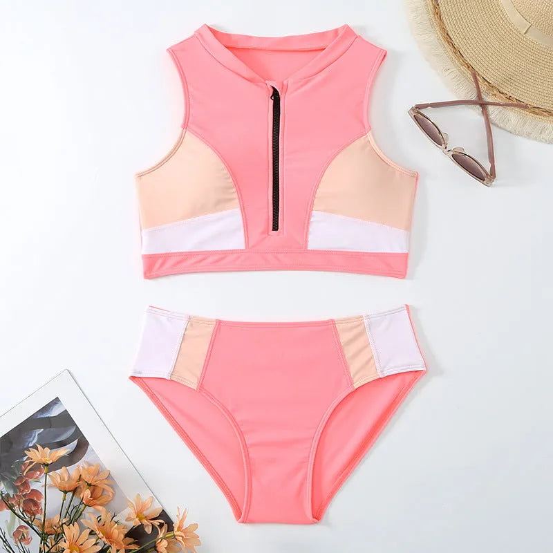Pink high waist bikini swimsuit with split leg briefs on hanger