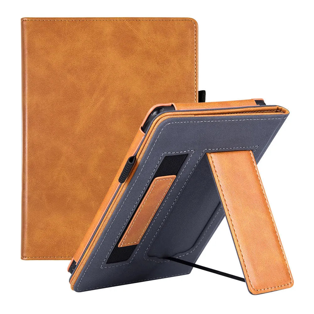 Kindle Paperwhite 11 leather case with wrist bracket showing calf leather exterior
