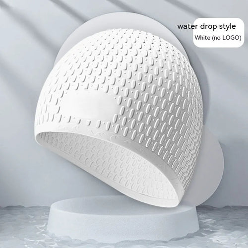 Silicone water drop design swimming cap for adults shown in various colours.