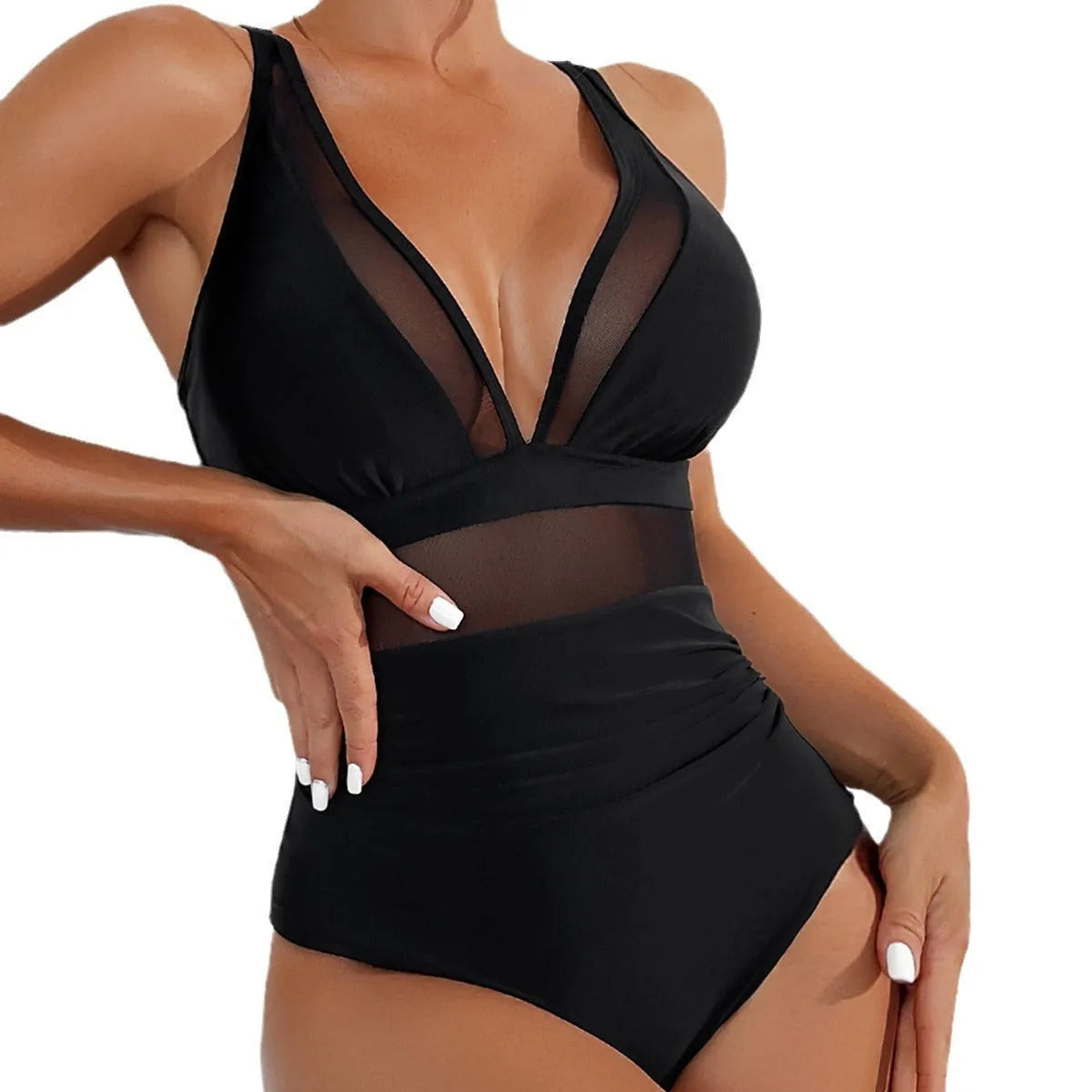 Black halter neck one-piece swimsuit with mesh detail, shown on model.