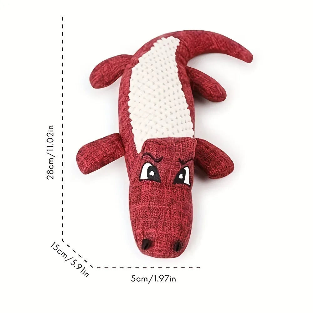 Blue, green and red squeaky plush chew toy for cats and dogs to bite and shake.