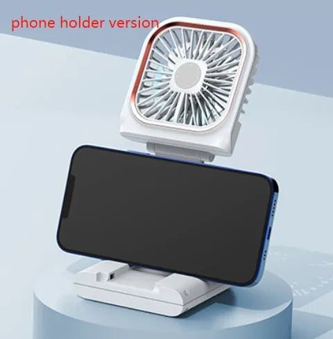 A person wearing a black hands-free neck fan with dual blue cooling fans and a USB charging cable.
