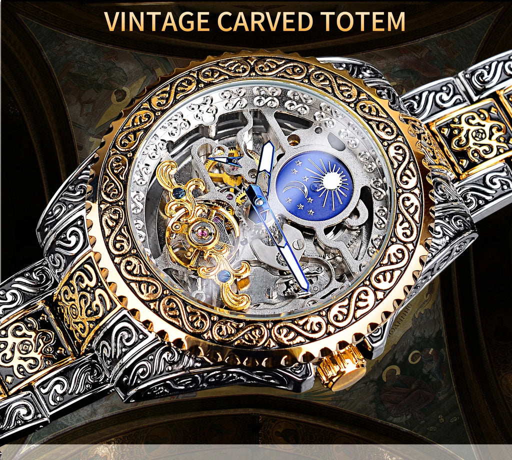 Forsining skeleton tourbillon mechanical watch with yellow accents and stainless steel band