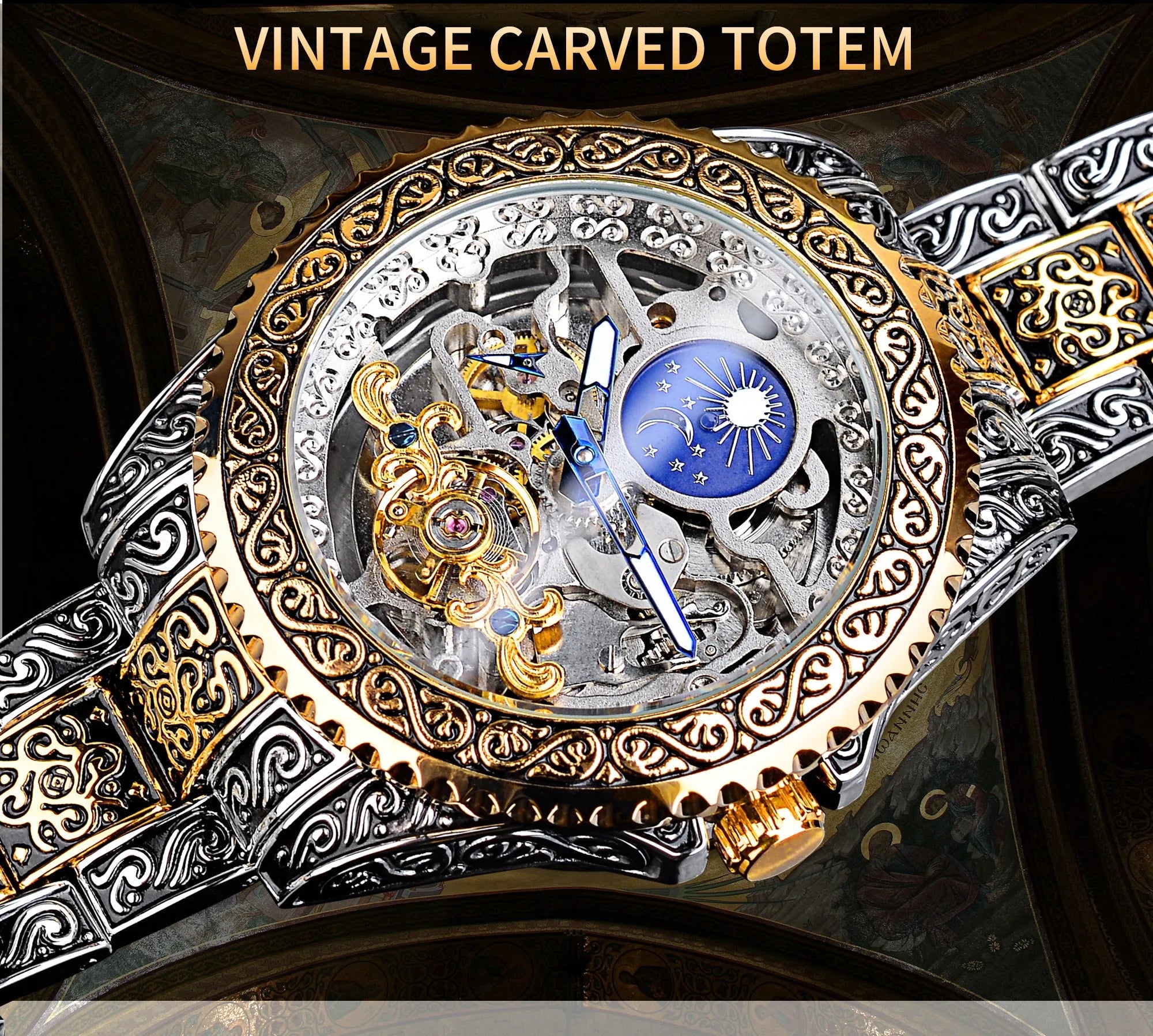 Forsining skeleton tourbillon mechanical watch with yellow accents and stainless steel band