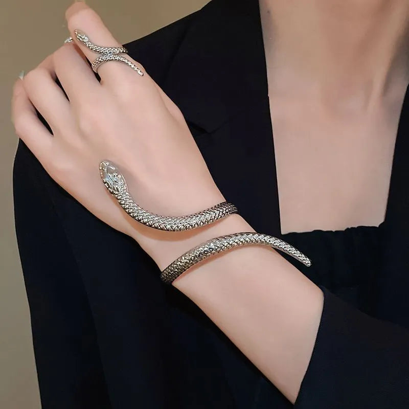 Exaggerated twisted winding simulated snakes opening ring and bracelet 2-piece set