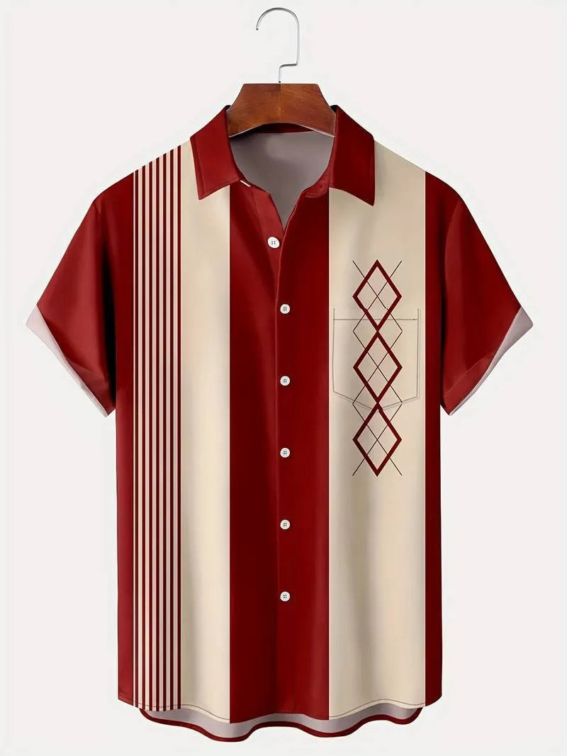 Men's loose fit plaid shirt with lapel cardigan style in contrast colours with short sleeves