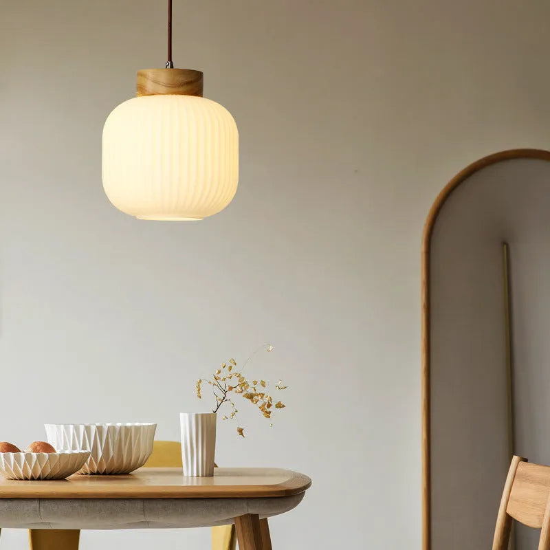Retro Nordic style wooden pendant ceiling light with spherical shade