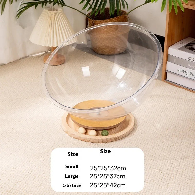 Transparent acrylic cat space capsule bathtub bed with turntable base on wooden floor