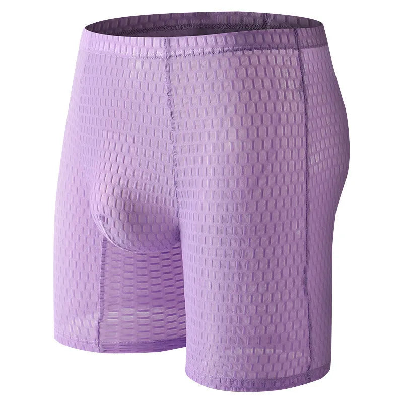 Men's solid colour lace boxer shorts with a hip-lifting design in light purple