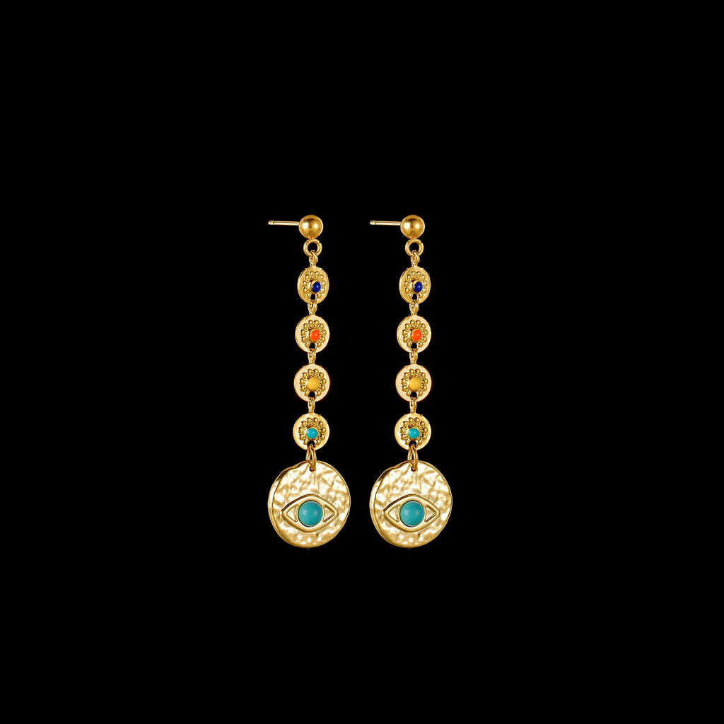 Geometric stainless steel statement earrings showing star, eye, and sun design options.
