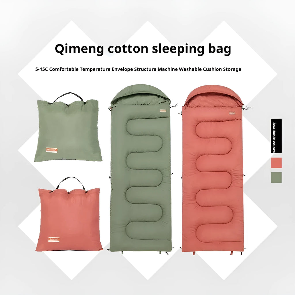 Outdoor camping sleeping bag with cotton construction in ochre and olive green colour options