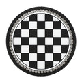 Black and white checkerboard pattern PVC car cup holder mat inserted in a vehicle centre console.