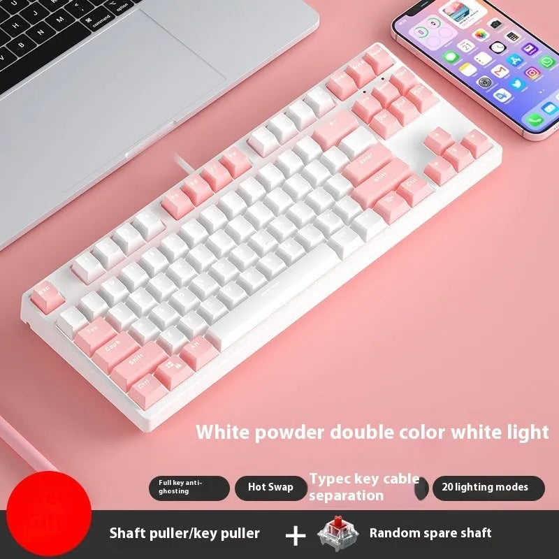 87-key wired mechanical keyboard with hot-swappable sockets showing colour options and included accessories